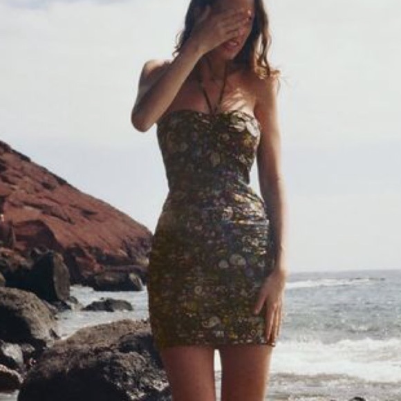 Zara Dresses & Skirts - Zara Women S Black Floral Y2K Ruched Draped Chiffon Halter Bodycon Mini Dress
